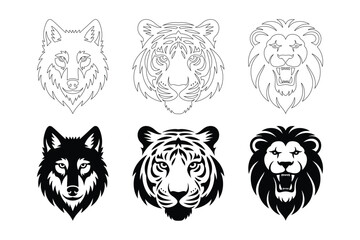 Obraz premium Tiger Lion and Wolf Head Predator Silhouette and Line Art Set