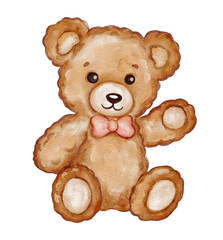 Watercolor cute teddy bear with pink bow sitting and waving paw. Soft hand painted children illustration isolated on transparent background for nursery decor, baby products, cards, and prints.