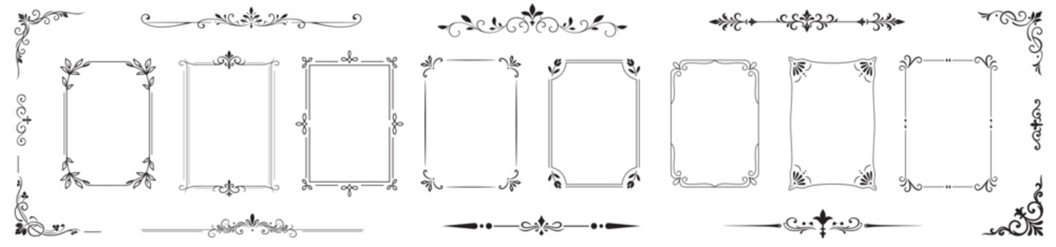 Elegant vintage vector frames and ornamental dividers set. Classic decorative borders for invitations, certificates, branding, and editorial design.