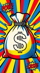 money sack dollar cash icon pop comic art background vertical concept