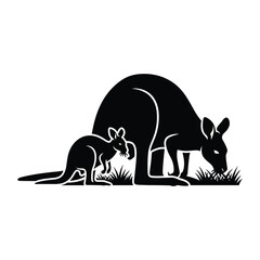 Mother and baby kangaroo silhouette grazing on grass © ADURI
