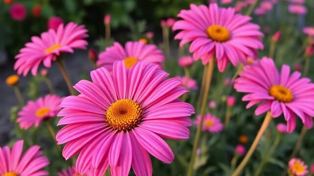 Close-up of vibrant pink daisies blooming in a summer garden. Detailed shot of colorful flower petals with a yellow center. Natural floral background