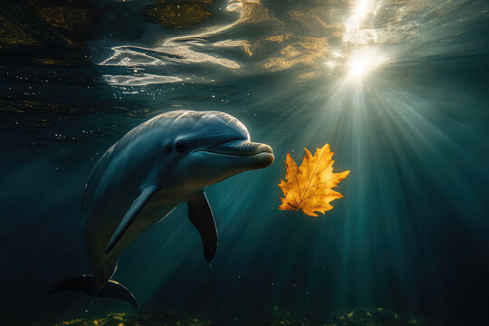 a dolphin plays with a yellow maple leaf underwater