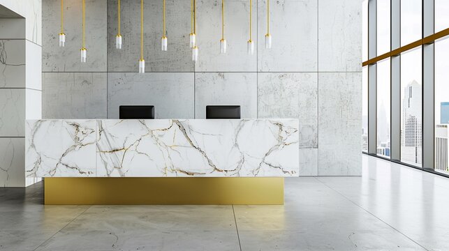 Modern reception area features marble desk, gold accents, pendant lights, and city views