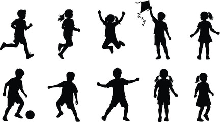 Obraz premium Children silhouette set with boys and girls running jumping playing games in joyful poses isolated on white background vector illustration