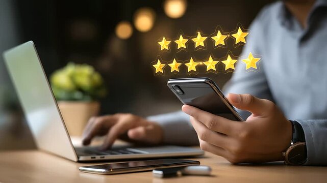 Customer rating and online review management for local business on smartphone and laptop, star ratings and feedback icons, defocused SEO dashboard, with copy space