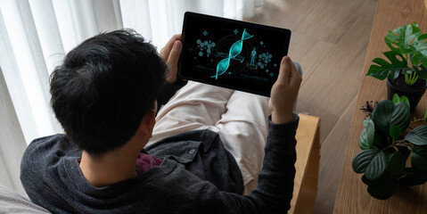 Medical science technology and futuristic healthcare virtual computer software analyze human health...