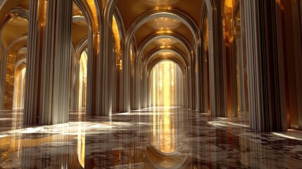 Fototapeta premium A vast hall features tall golden arches and a shiny reflective floor. Light streams in illuminating the space with warm tones. The walls stand tall adding to the grandeur.