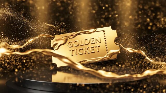 A luxurious 3d rendered golden ticket is dramatically presented on a black podium, surrounded by swirling liquid gold and glittering particles in a dark studio.