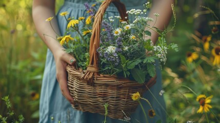 A woman holds a wicker basket with chamomile flowers in a summer meadow or in the forest. Femininity and tenderness.