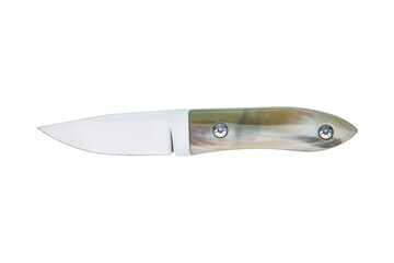 Custom fixed blade knife with a polished iridescent handle isolated on a white back