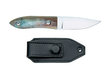 Custom fixed blade knife with iridescent handle and black leather sheath on white back