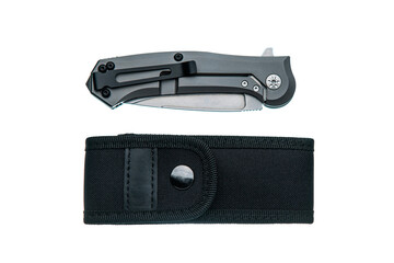 Folding pocket knife with a metal clip and a black nylon belt pouch on a white back