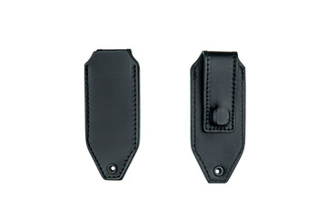 Two black leather pouches with belt loops and stitching, front and back view, on white back
