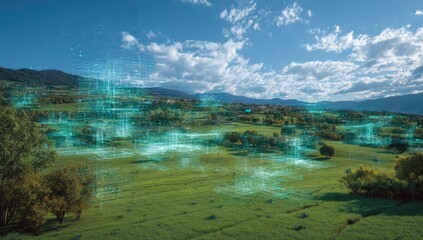 Luminous Digital Network Overlaying Rolling Green Hills Under Blue Sky.