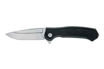 Open tactical folding knife with a black textured handle isolated on a white back