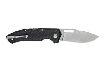 Open tactical folding knife with a carbon fiber handle and pocket clip on white back
