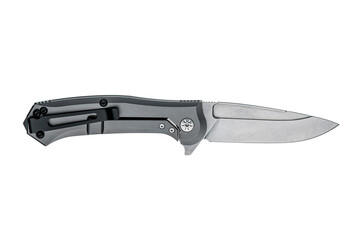 Open grey folding tactical knife with a metal pocket clip isolated on white back