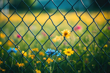 wire fence against the backdrop of a wildflower meadow