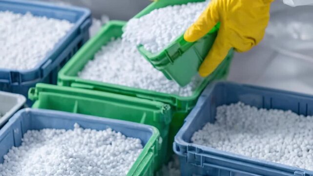 Medium shot of loose polystyrene granules being densely packed into containers for efficient transportation and waste management purposes.