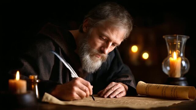 Faceless elder figure writing ancient text with quill pen by warm oil lamp light, historical scribe creating manuscript for biblical records, defocused scrolls, with copy space