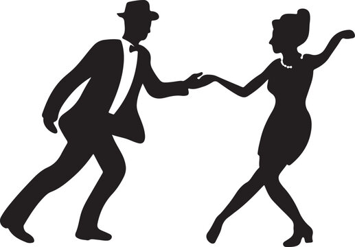 A stylish man in a hat and a graceful woman dance together, evoking a retro performance scene