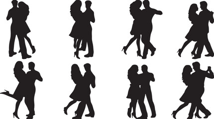 Obraz premium Elegant black silhouettes of couples performing various social and ballroom dance steps together