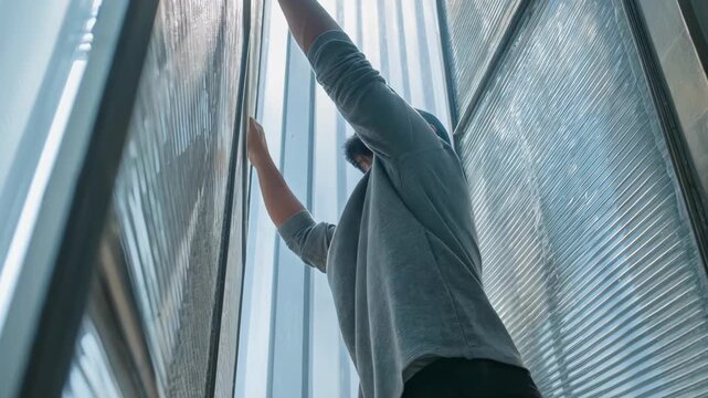 Technician replacing a HEPA filter in a ventilation system to improve indoor air quality and reduce airborne particles in a commercial building.