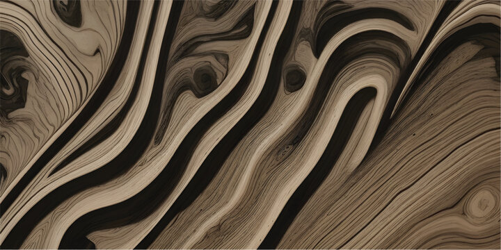 Seamless golden zebra skin pattern and wavy wood texture background featuring liquid silk waves and brown metallic textile art design for a wallpaper backdrop