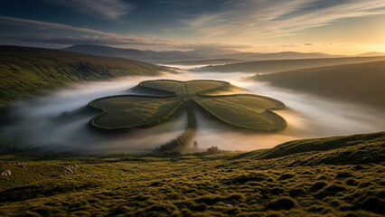 Clover-Shaped Hills in Foggy Landscape at Sunrise &mdash; St. Patrick&rsquo;s Day Fantasy or Travel Concept
