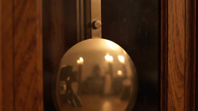 Close-up of a classic grandfather clock pendulum swinging rhythmically in warm light