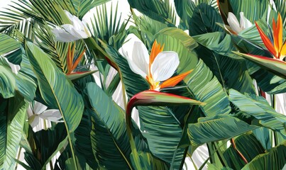 Vibrant White Bird of Paradise Flower Painting Amidst Lush Tropical Greenery.