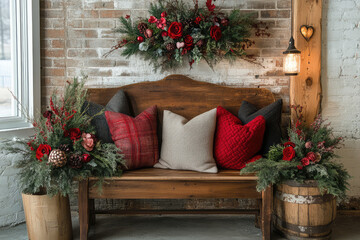 wooden bench with cushions decorated with Christmas decorations