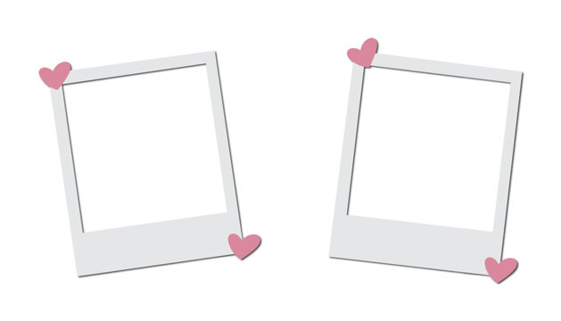 Polaroid photo frames with pink heart decoration, romantic memory collage template, vector