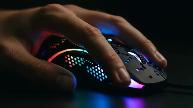 Gaming Mouse Illuminated with RGB Lights and Hand Resting on Top.