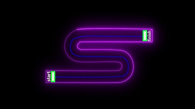 Abstract curved road for race track with start to finish line animation.one lane moving road animated on black background.