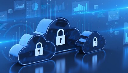 Cloud computing security concept with padlocks on clouds