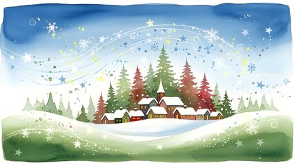 Snowy village nestled in hills, with sparkling sky and steepled rooftops evoking holiday warmth.