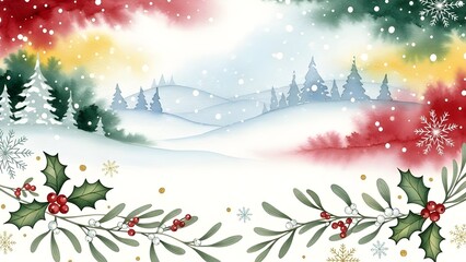 Snowy hills and pine trees under a multicolor sky, framed with holly for a cheerful winter scene.