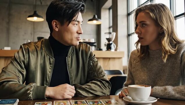 A man performs a tarot card reading for an attentive woman in a modern cafe, explaining the cards' meanings to offer guidance and insight into her questions