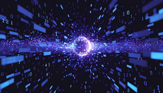 Digital data visualization with binary code and purple glowing circle - Powered by Adobe