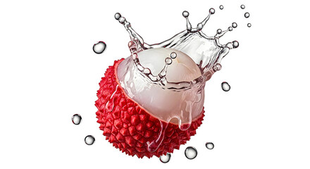 Dynamic shot of a vibrant, ripe lychee fruit creating an energetic water splash, symbolizing freshness and invigorating juiciness, captured in exquisite detail