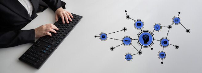 A modern business scene featuring a human brain graphic, keyboard, and digital icons, representing...