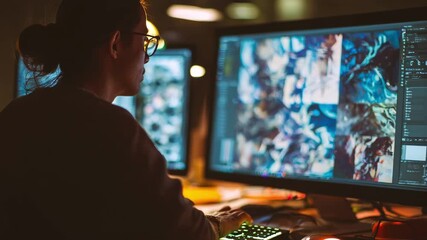 Focused shot of a marketing professional crafting eyecatching digital ads on a computer showcasing dynamic visuals for an artists online campaign.