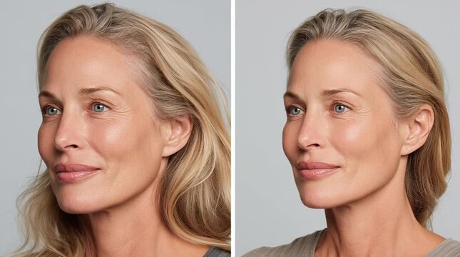 Side-by-side comparison of the same woman in her mid-fifties: left shows aged, tired-looking skin, right shows visibly brighter, firmer, healthier skin, highlighting skincare or wellness results.
