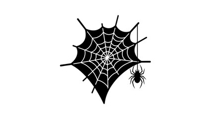 Black spider web silhouette with spider hanging on a thread, isolated on white background