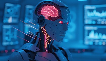 Robot with glowing pink brain and red eyes in futuristic laboratory setting