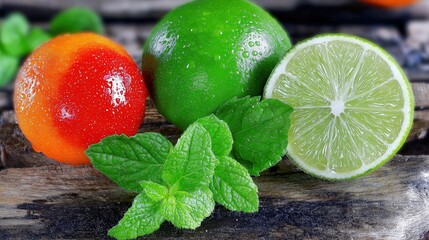 Fresh citrus fruits and mint on rustic wooden table, refreshing summer composition with oranges, lemons, and natural green leaves