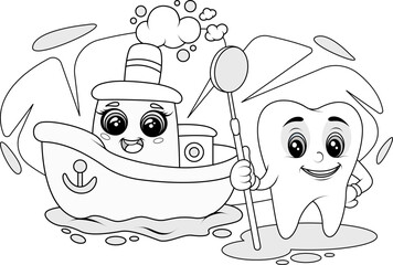 cute cartoon tooth character with dental mirror and tugboat line art, black and white coloring illustration