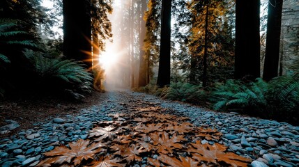 Scenic forest path with sunlight shining through trees, creating calm, peaceful, and serene nature scene for outdoor relaxation and mindfulness